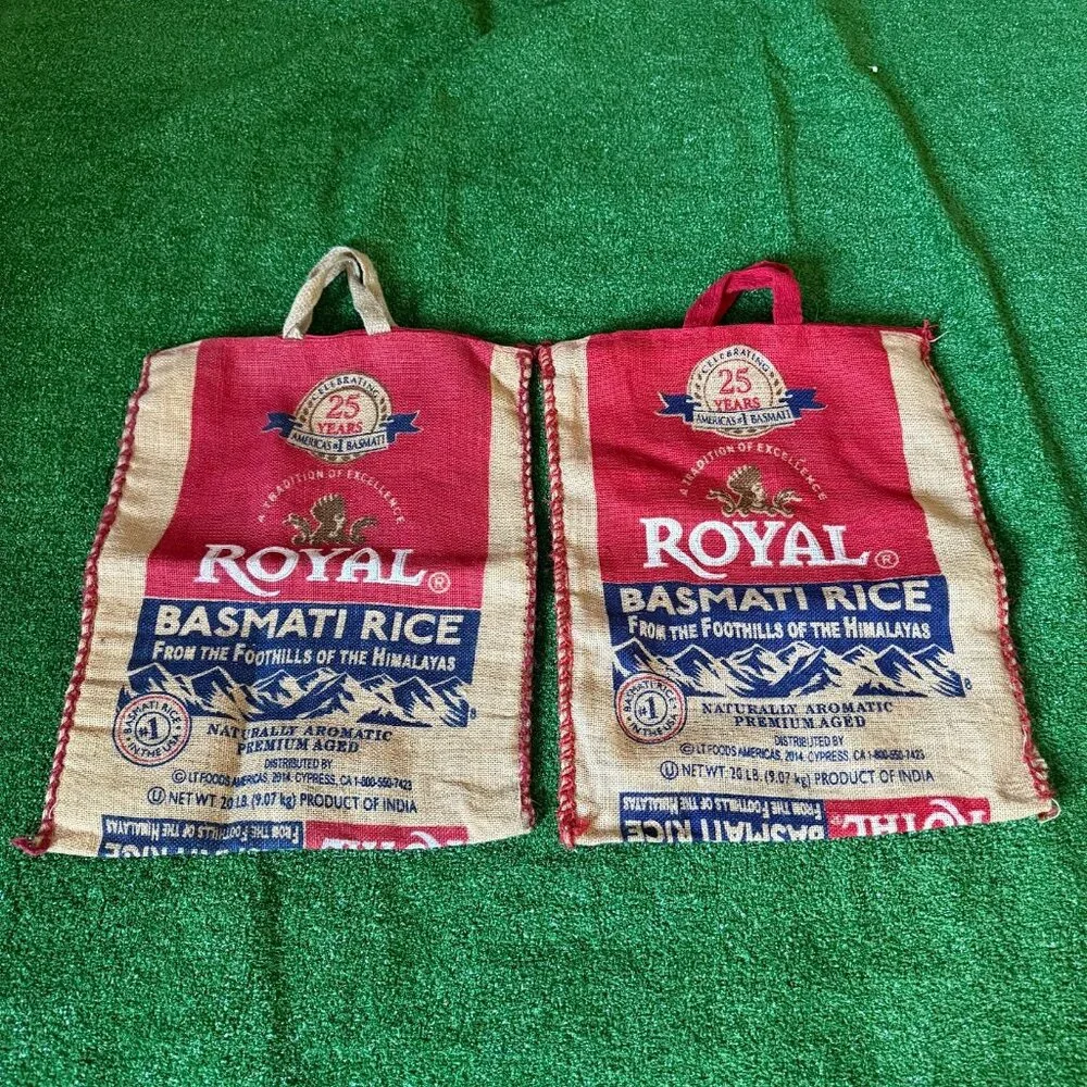 Lot of 2 Royal Basmati Jute Burlap Zipper Reusable Bag Handcrafted in India OS